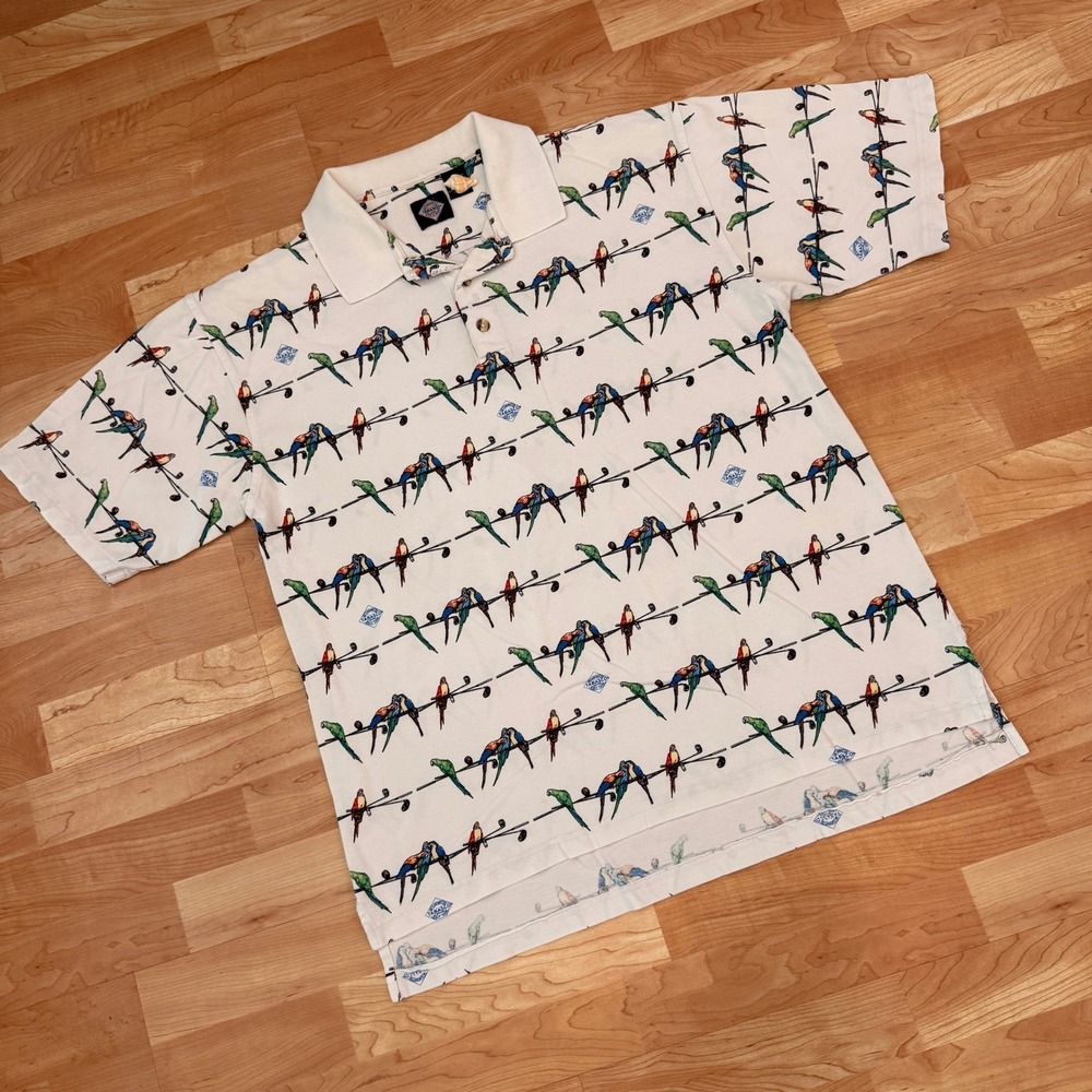 Tabasco Sportswear Mens Parrot Golf Club Print Polo Shirt Cream Large Cotton
